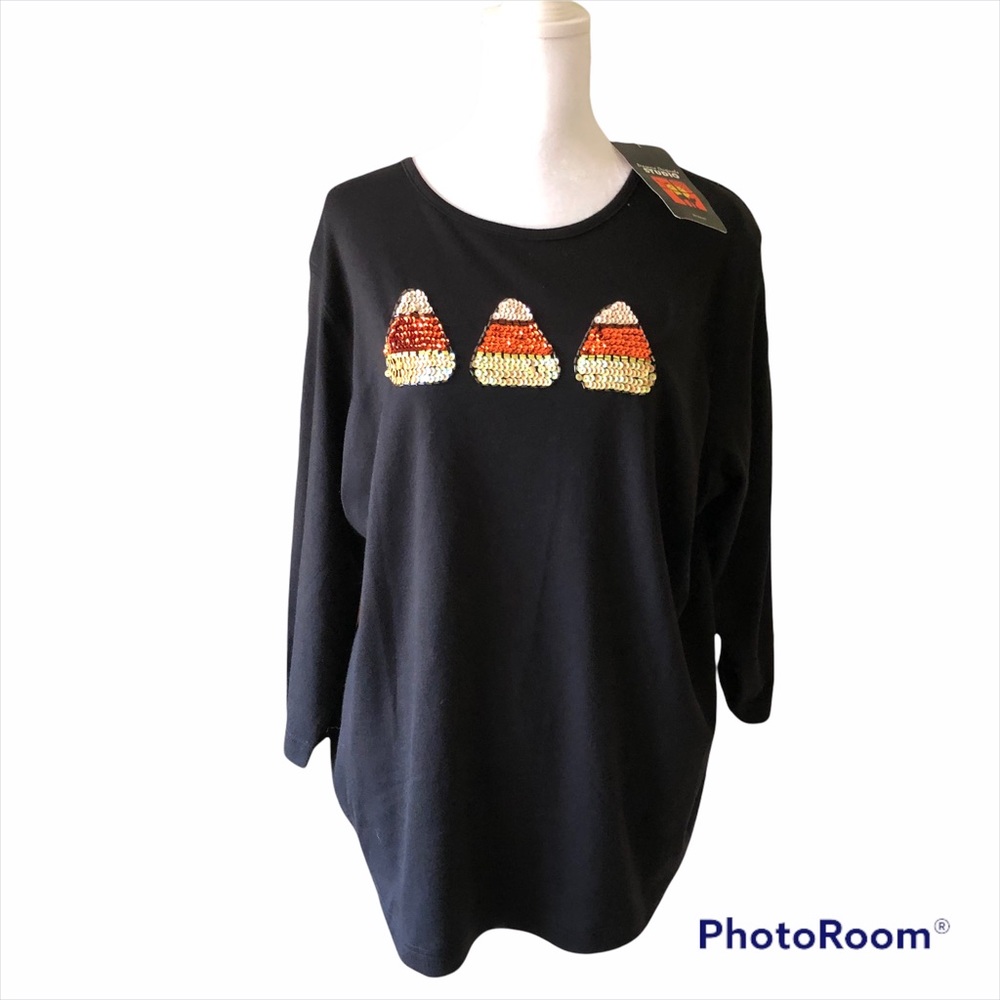 NWT Black Candy Corn Halloween Top 1X